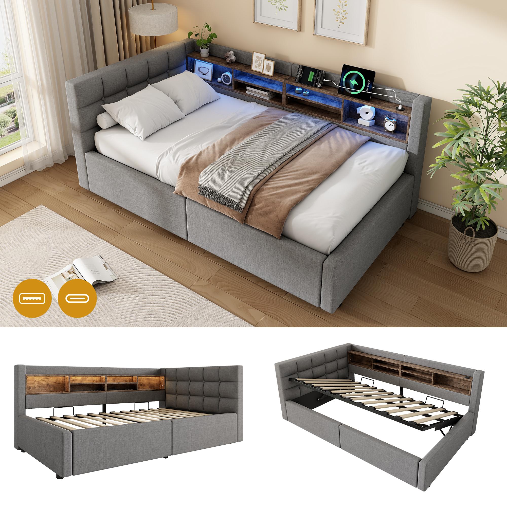 Daybett/Schlafsofa 90x200cm, Hydraulik, dimmbare LED, Regal, USB (Gray)