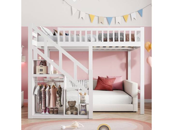Lit superposé enfants 140x200cm - ADWOLT - Bois massif - Blanc - Lit Mezzanine Multifonctionnel avec Escalier de Rangement