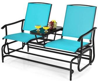 Costway 2-Person Double Rocking Loveseat with Mesh Fabric and Center Tempered Glass Table-Turquoise
