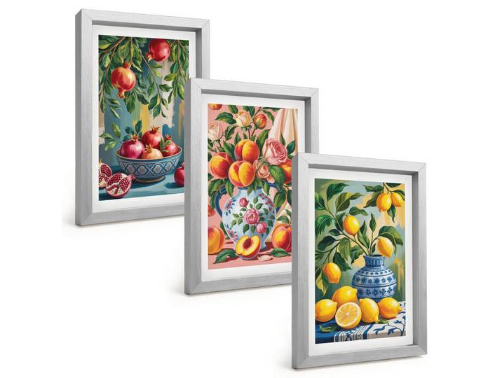Tulup Bilder SET 3er Set - 20x30 cm Silberner Rahmen - Fruchtzusammensetzung von Granatäpfeln, Silberfarben, Kunststoff, Rechteckig, 20x30 cm, einfache und schnelle Anbringung, Bilder & Rahmen, Bilder