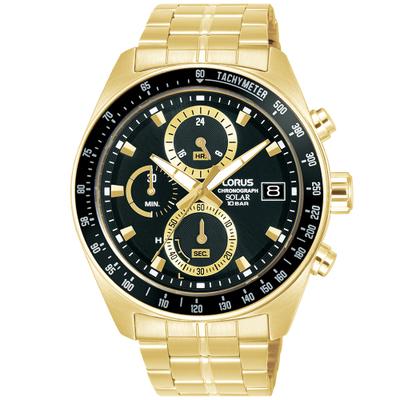 Chronograph LORUS "Sports Solar Chronograph", gold (goldfarben, schwarz), Armbanduhren, Herren, Chronograph, Armbanduhr, Solar, Herrenuhr, Edelstahlarmband, analog, Tag