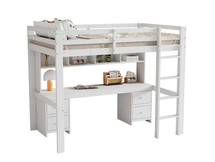 Flora Grace Hochbett 90/200 cm Weiß mit Schreibtisch und Stauraum, Holz, 90x200 cm, Babymöbel & Kindermöbel, Kinderzimmer & Jugendzimmer, Kinderbetten, Hochbetten