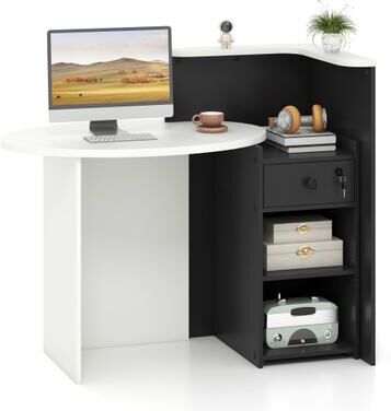 Costway Front Reception Office Desk with Open Shelf and Drawer-Black & White