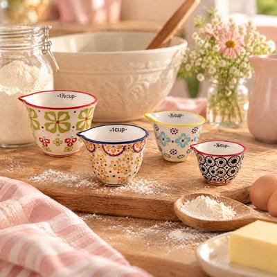 Storied Home Floral Hand Stamped Stoneware Measuring Cups (Set of 4 Sizes/Designs)