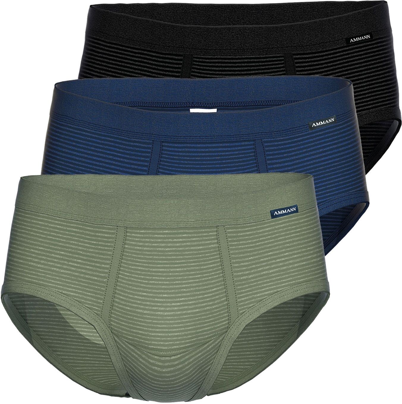 Slip AMMANN "3er Pack Slip mit Eingriff Day Classic / Jeans Feinripp", Herren, Gr. 5, 3 Stk., Feinripp, blau (dunkelblau, forst, anthrazit), Feinripp, , figurbetont, Unterhosen Slip