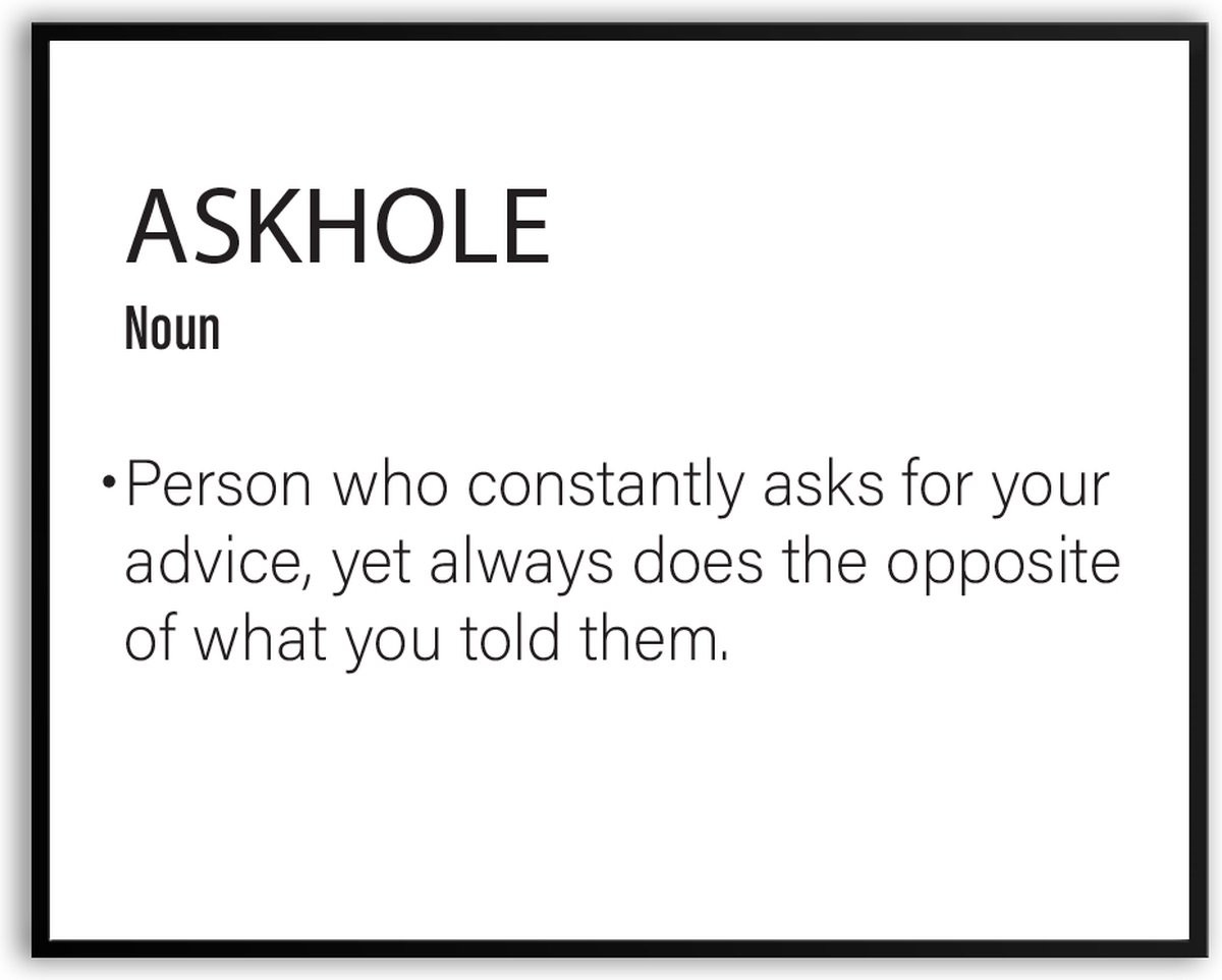 Askhole Woordenboek Fotolijst met Glas en Canvas Poster voor Verjaardagen, 40 x 50 cm