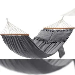 Hängematte 210 x 150 cm, mit 2 Holzstangen, mit 2 Kissen, 380g/m2, bis 300 kg belastbar, Transportbeutel, grau