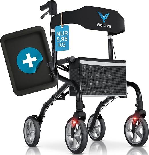 SuperLight Rollator - ultraleicht (5,95 kg) - Faltbar und leicht mit Sitz - ideal für Alltag & Reise - Gehhilfe für Senioren - Klappbar, Stockhalter, Walker, Rollatoren - Schwarz