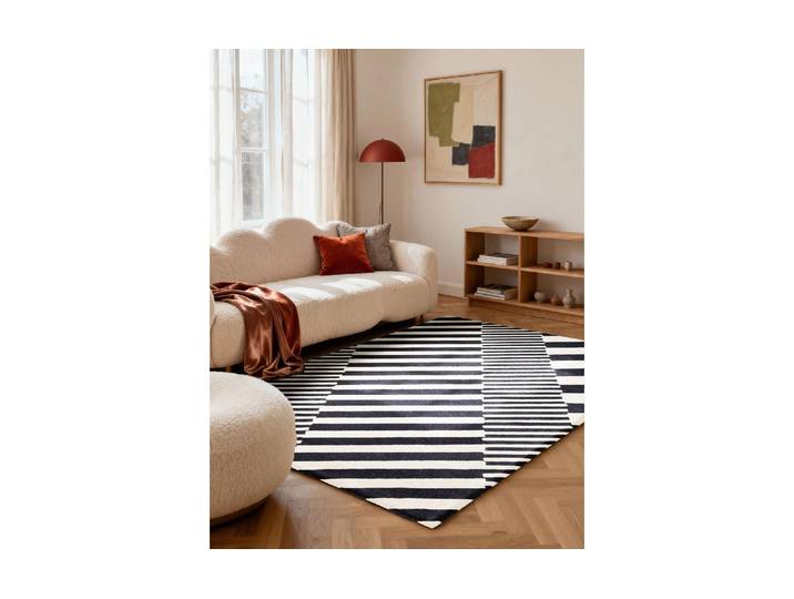 Teppich ELLE DECORATION Flux , schwarz-weiss (schwarz, weiß), B:120cm H:12mm L:180cm, Teppiche, Teppich, Wolle, Natur, Wohnzimmer, schwarz weiss, Geometrisch, Streifen