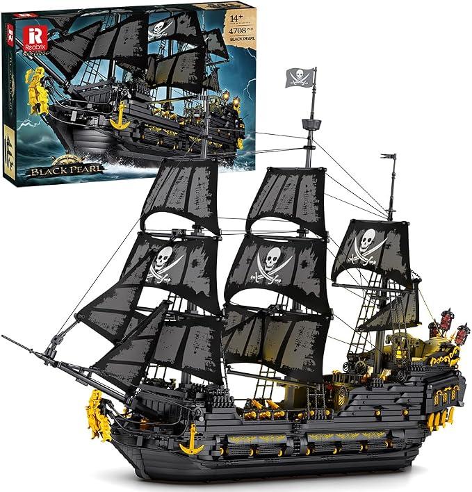 66036 Piratenschiff Bausteinboot Spielzeug, 4910 Teile Groß Black Pearl Boot Schiff Bauspielzeugsets Mit light, MOC Segelschiff Modellbausatz Klemmbausteine, für Erwachsene und Jugendliche