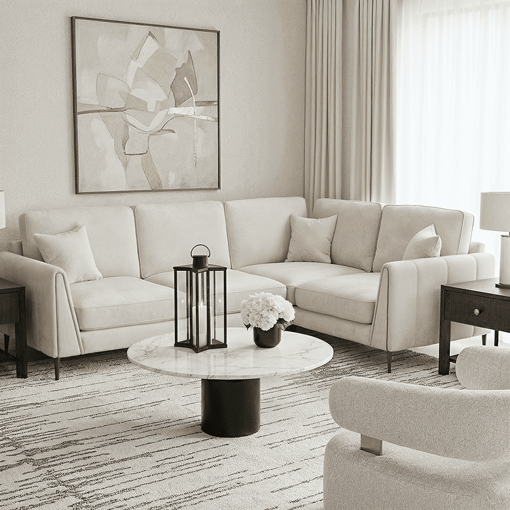 Alaina Cream Velvet Right Hand Facing Corner Sofa with Black Legs