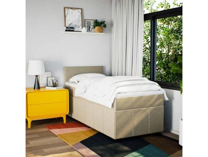 KTHLBRH Boxspringbett mit Matratze Creme 80 x 200 cm aus Stoff Taschenfederkernmatratze, verstellbares Kopfteil, Lattenrost inklusive, waschbarer Matratzenbezug