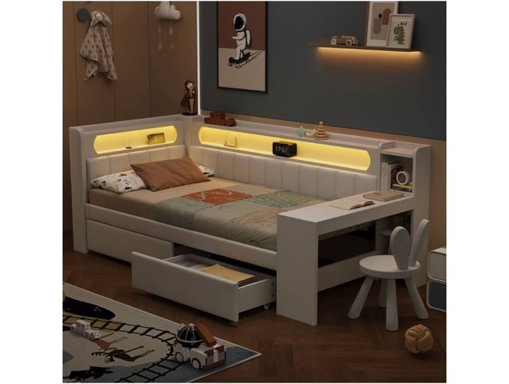 ULEVR Lit rembourré 90x200 cm blanc avec ports USB LED bureau intégré et 2 tiroirs