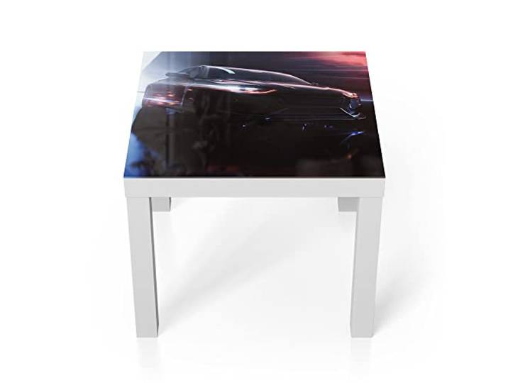 DEQORI Glastisch weiß klein 55x55 cm Motiv Sportwagen im Tunnel ausgefallener Beistelltisch aus Glas Hochglanz Couchtisch fürs Wohnzimmer moderner Couch Tisch mit Design
