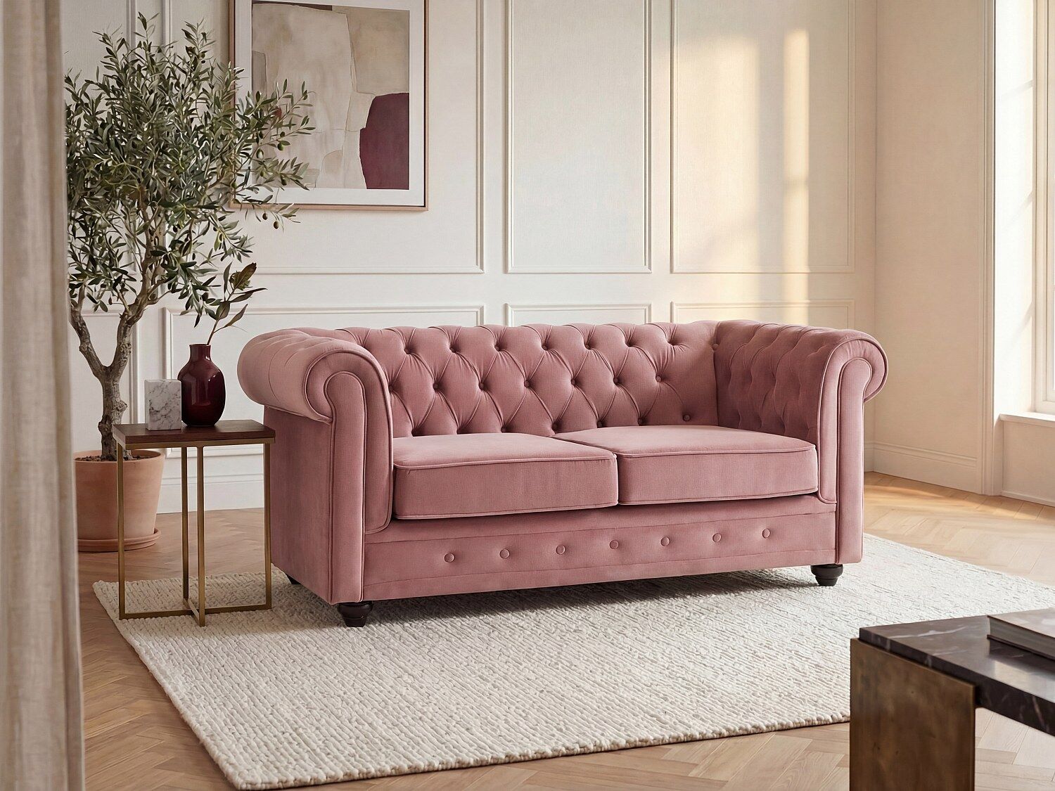 Unique Sofá de 2 plazas de terciopelo rosa pastel - CHESTERFIELD