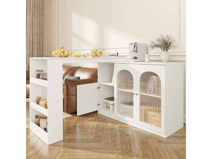 Table de Bar Rotative 360° Armoire Rangement Multifonction Armoire Salle à Manger Bar Moderne Blanc avec Porte Vitrée 120x40x97cm