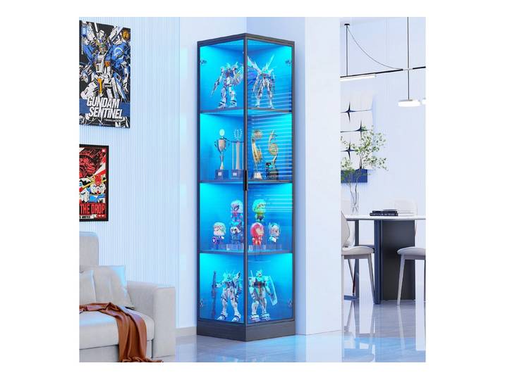 BROTTAR Eckvitrine Glasvitrine mit LED Beleuchtung und menschlicher Sensor aus MDF - Holz und Acryl, einfache Montage, schwarz
