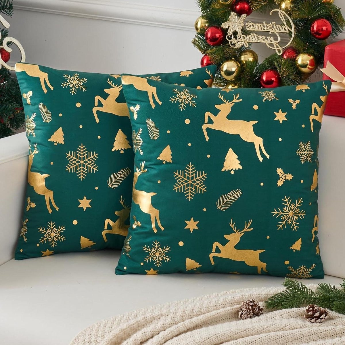Set van 2 groene decoratieve kerstkussenslopen, 45 x 45 cm