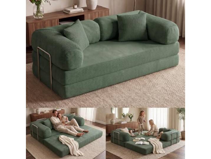 Kenning Schlafsofa 2-Sitzer, Sofa Cord Dunkelgrün, hochwertig weicher Stoff 200x100 cm Klappsofa mit 2 Kissen, modulare Vollschaumcouch Boneless mit Stahlgestell, Cordsofa Wohnzimmer, vakuumverpackt