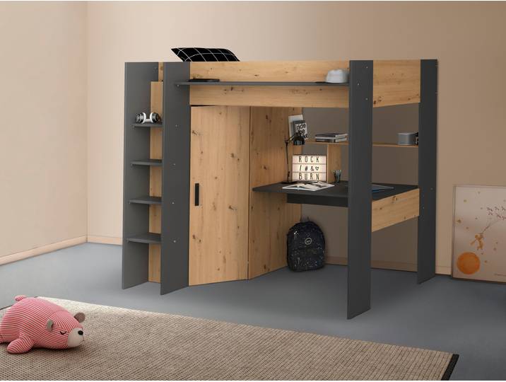 Hochbett PARISOT Heavy , grau (artisan eiche, schwarz), H:179cm L:205cm, Hochbetten, Hochbett, ALL-IN-ONE, mit Kleiderschrank, Schreibtisch, Leiter, Stauraum