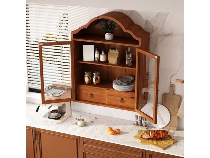 WUVRIE Meuble mural rétro en bois et verre trempé 2 portes 2 tiroirs marron