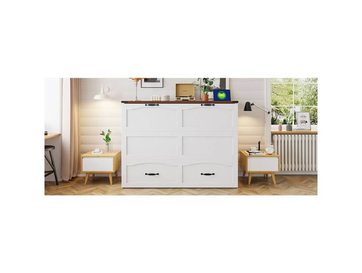 ULEVR Lit escamotable 140 x 200 cm blanc avec prise européenne structure métallique et roulettes silencieuses
