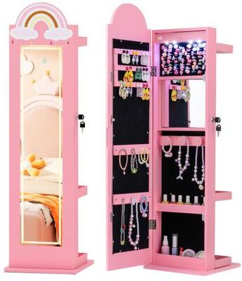 Costway 3 In 1 Kids Jewelry Cabinet Freestanding Jewelry Armoire with 3-Color Lighted Mirror-Pink