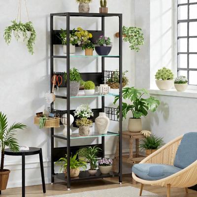 Fundinbaths 4 Tier Glass Display Shelf with RGB LED Lights, Metal Standing Curio Shelf with Adjustable Box and Hooks