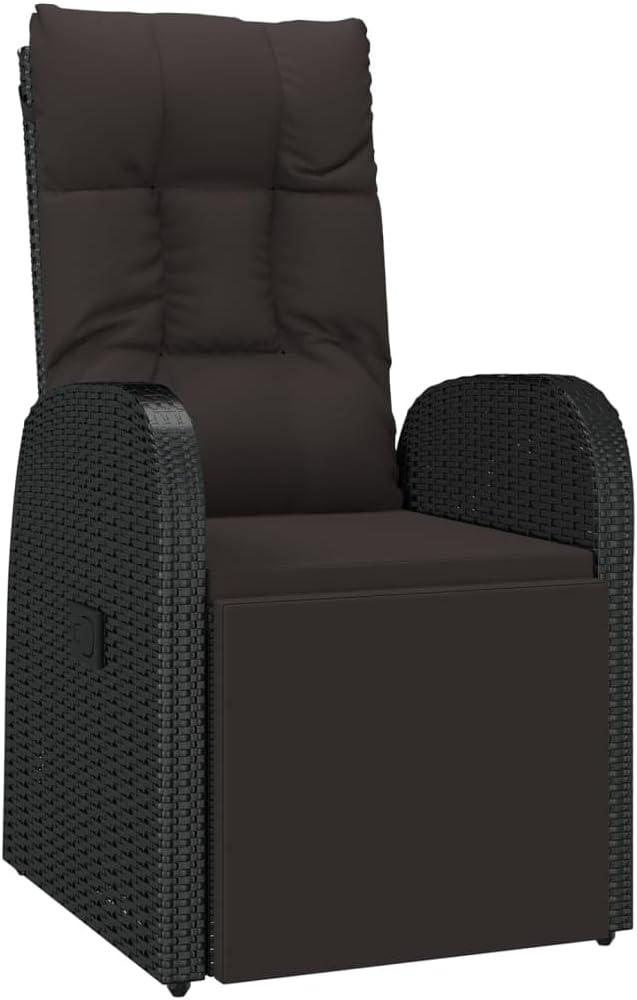 Schwarzer Poly-Rattan-Gartensessel mit Auflage, verstellbarer Rückenlehne und Fußstütze, pulverbeschichteter Stahlrahmen, belastbar bis 110 kg