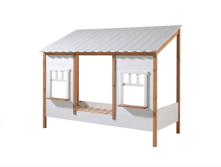 58 aufm Kessel Bettgestell Landhausbett Kamilah 214x105x174 Massivholz+MDF Oak/Weiß (inkl. Versand, Lieferung bis Verwendungsstelle), Liegefläche 90x200, Hausfassade in Planken-Optik, Dach vorne abfallend