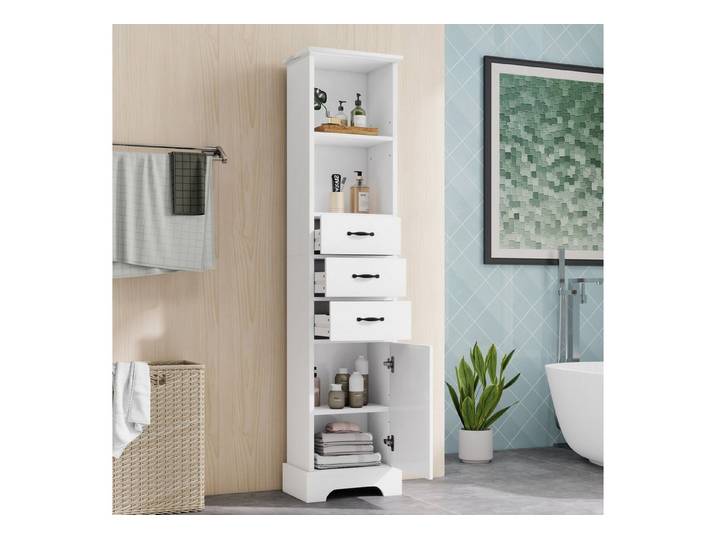 HAUSS SPOLE Badkommode mit Schubladen & offene Regalböden,Badezimmerschrank Hochschrank,Weiß (Beistellschrank Highboard mit Mehrzonen-Stauraum mit offenen und geschlossenen Bereichen), Verstellbare Einlegeböden für flexible Organisation