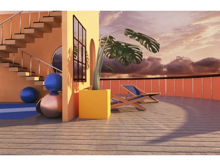 Fototapete PAPERMOON 3D DESIGN-PALMEN und TERRASSE , bunt, B:4m L:2,6m, Vlies, Tapeten, Fototapete