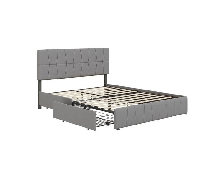 Shopentra Polsterbett 160x200 Grau Samt 4 Schubladen, Metall, 160x200 cm, Schlafzimmer, Betten, Polsterbetten