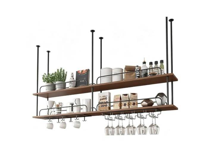 Gaommini Deckenmontiertes Flaschenregal, Weinregal mit Stielglashalter Schwimmende Dekorationsregale aus Holz für Zuhause, Bar, Küche, Topf, Pfanne(2-TIER-140x30x80cm)