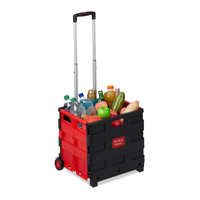 Relaxdays Boodschappentrolley inklapbaar met kunststof krat en telescopisch handvat, rood