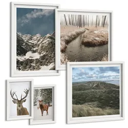 BILDER SET 5er Set - 50x50 cm & 20x30 cm & 40x60 cm Weißer Rahmen - Berge, Schnee, Hirsche, Waldlandschaft