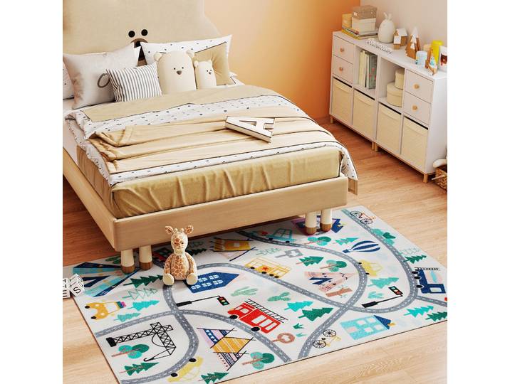 HOMCOM Tapis Motif Autoroute Blanc Multicolore Doux Entretien Facile