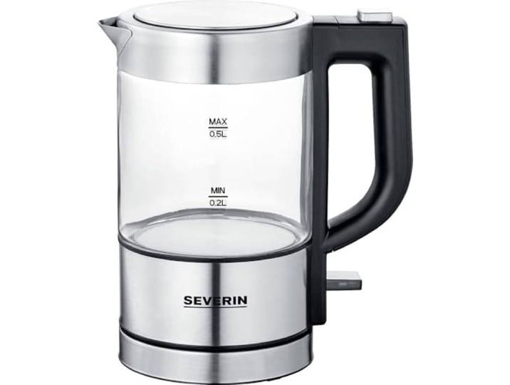 SEVERIN Bouilloire en Verre 0\,5L\, 1 100 W\, sans BPA\, Filtre Anticalcaire Amovible\, Ouverture à une main\, Socle 360°\, WK 3472\, Acier Inoxydable/Noir.