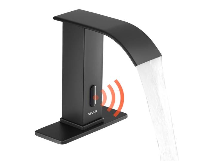 Robinet de lavabo sans contact VEVOR (noir mat) pour salle de bains\, robinetterie automatique avec cache-trou\, robinet à piles pour toilettes publiques\, robinet à capteur avec jet en cascade