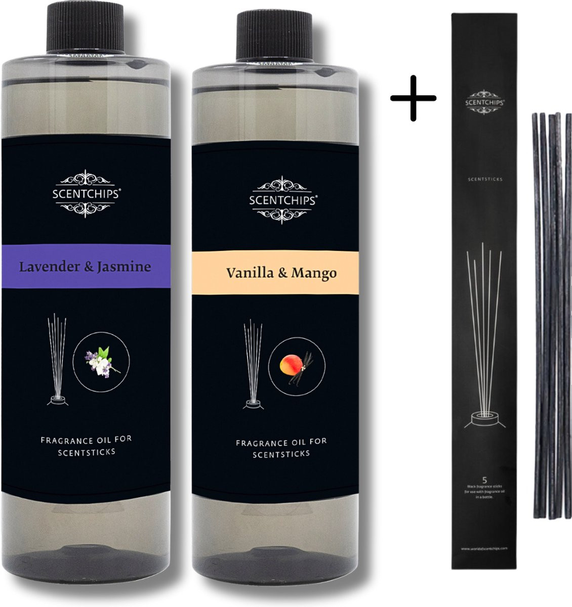 Scentchips Geurstokjes Navulling Set van 2 - Lavendel Jasmijn en Vanille Mango - 400ml per stuk