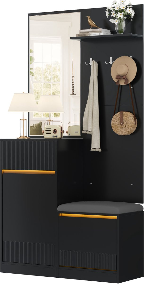 Compacte Garderobe met Spiegel, LED-verlichting en App-bediening - Schoenenkast en Zitbank met Opbergruimte