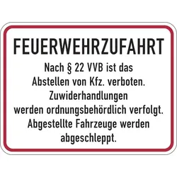 Hinweisschild Feuerwehrzufahrt, Feuerwehrzufahrt nach § 22 VVB - 400x300x0.6 mm Aluminium geprägt