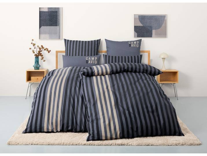 Bettwäsche CAMP DAVID Levvi , blau (marine), B/L: 155cm x 220cm, 1 Stk., 1 Stk., Renforcé, B/L: 80cm x 80cm, 3 tlg., Renforcé, Obermaterial: 100% Baumwolle, Bettwäsche, Bettwäsche, NEUHEIT Bettwäsche ab 135x200cm, mit Streifen & Logo-Print