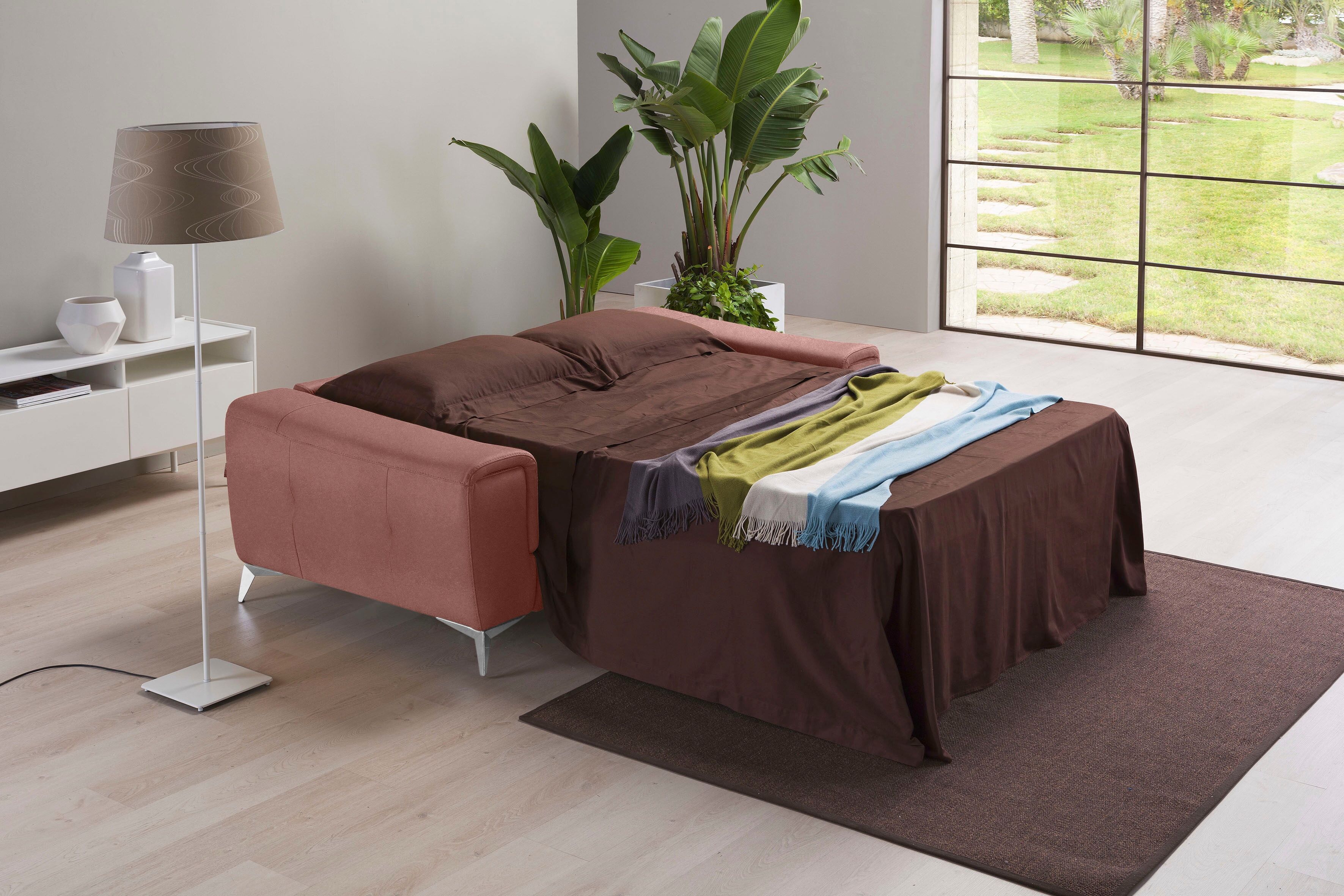 Schlafsofa EGOITALIANO "Francine Designsofa, Loungesofa mit Dauerschlaffunktion, Breite 233 cm", braun (cedar wood), B:233cm H:100cm T:106cm, Sofas, Schlafsofa, mit Bettfunktion, Luxus-Microfaser BLUSH, cedar wood, Fussfarbe chrom cedar wood B/H/T: 233cm 