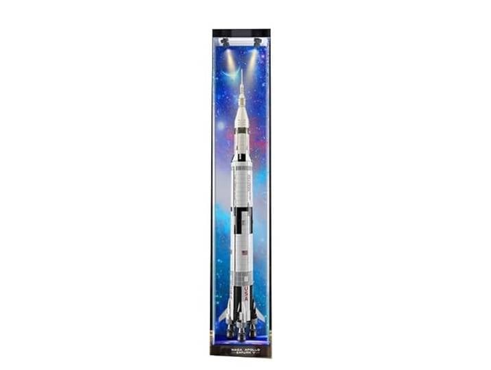 HCAEIOFJ Transparente Acryl-Vitrine für Lego Ideas 21309, anwendbar für Nasa Apollo Saturn V Set, Schaukasten, Geschenk (nur Vitrine) (Hintergrund + Top Light2)