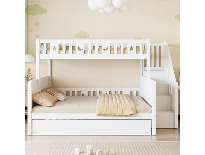 Lit superposé enfant blanc avec lit gigogne et escalier 90x200 et 140x200 cm