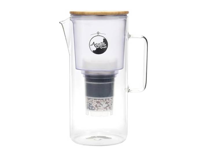 AcalaQuell® Silizia Premium Wasserfilterkanne aus Glas (1,4 l) Mit Bambusdeckel Für sauberes & gesundes Trinkwasser