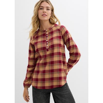 Tunika BONPRIX, Damen, Gr. 48, braun (pflaumenrot kariert), Obermaterial: 100% Baumwolle, A-Linie, Tuniken, Baumwollbluse, in hüftbedeckender Länge, mit elastischem Ärmelbündchen