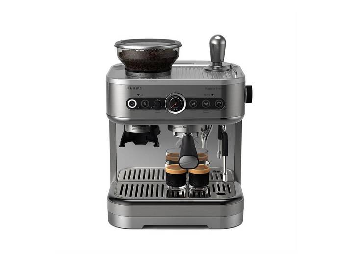 Philips Espressomaschine PSA3218/01 Barista Brew, halbautomatisch, mit 250-g-Bohnenbehälter, Korbfilter, Siebträger und Milchkanne aus Edelstahl, Silber