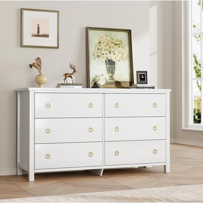 YUN "6 Drawer Modern Dresser for Bedroom, 47"" Wide Wooden Chest with Storage for Nursery, Living Room, White"